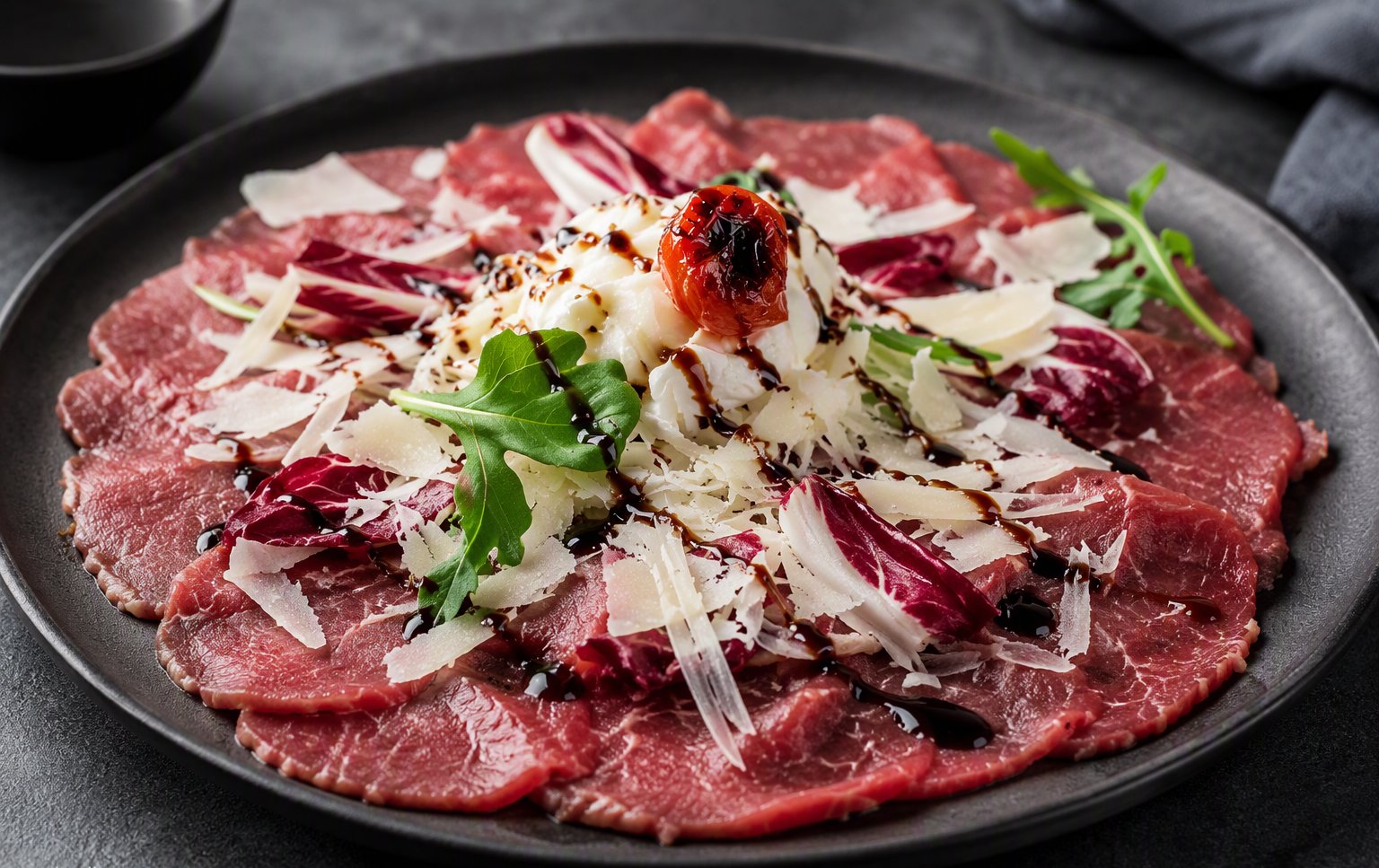 Il carpaccio della casa con rucola e scaglie