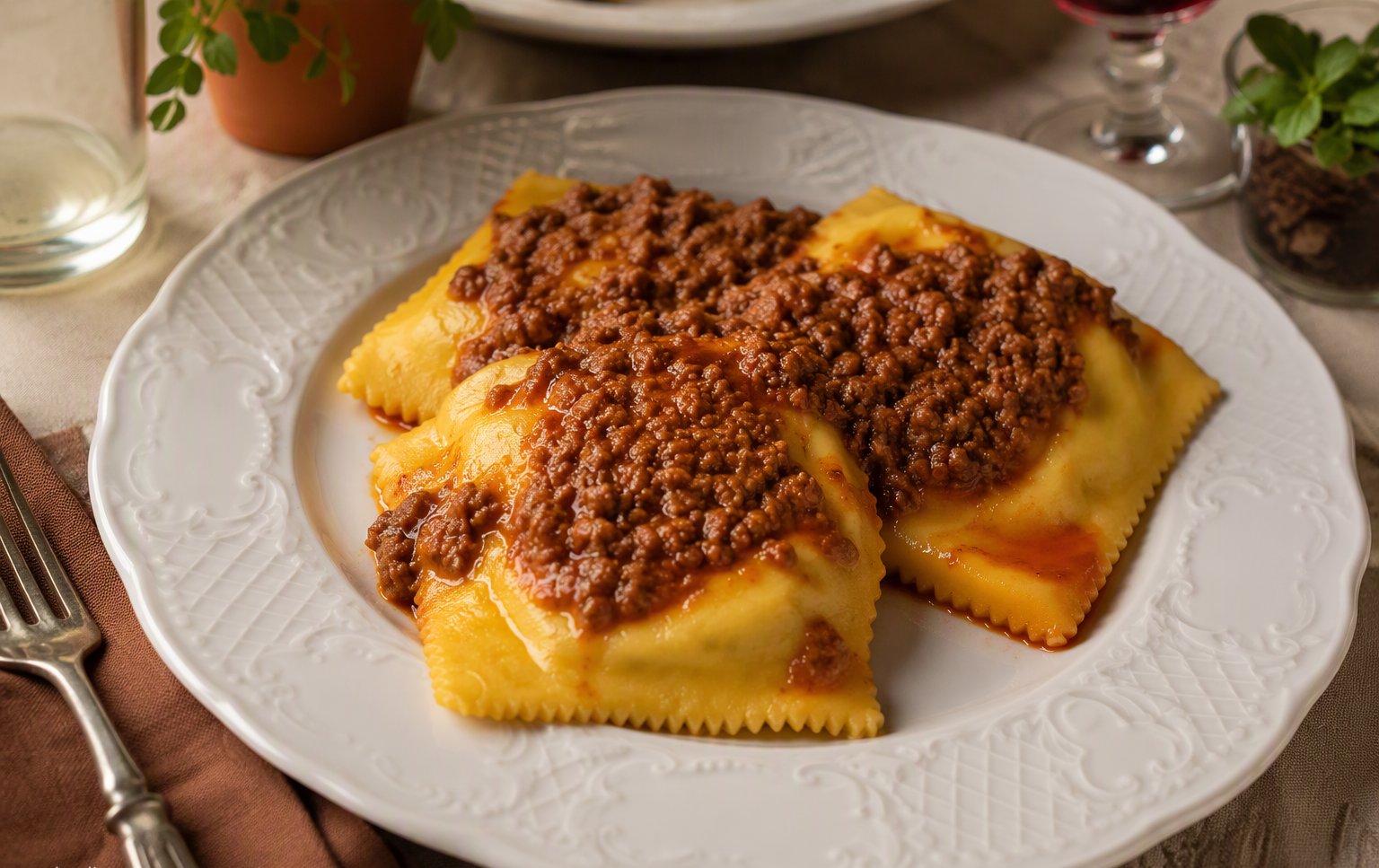 I tortelli al ragù nel piatto fondo, con il sugo della casa