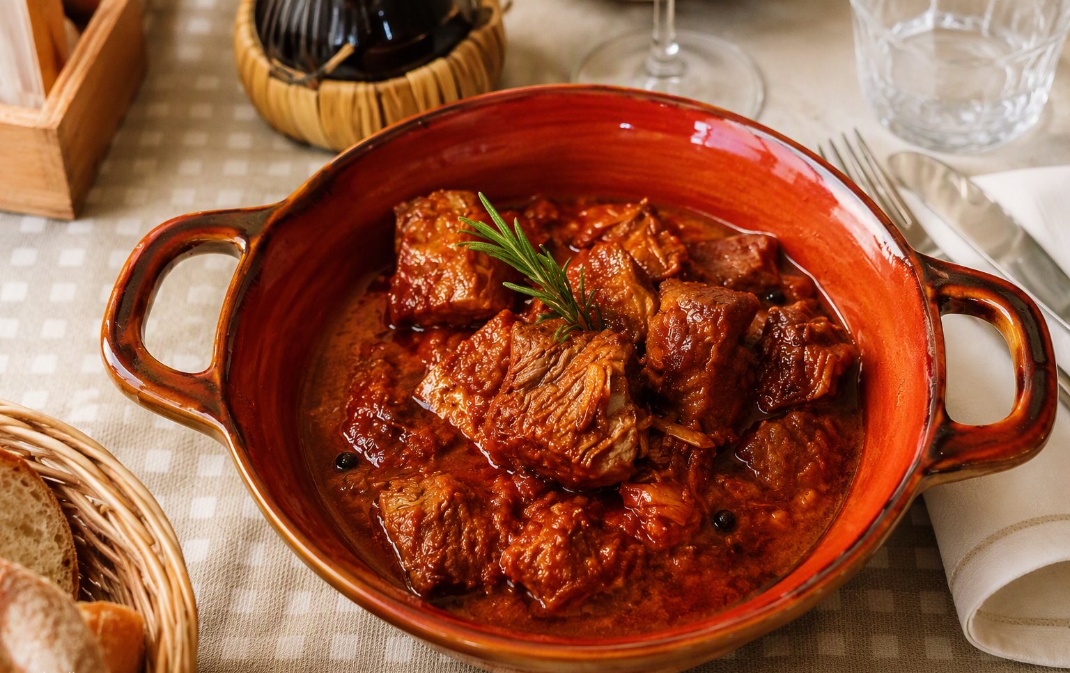 Il tegame di coccio con lo spezzatino di cinghiale servito fumante al tavolo